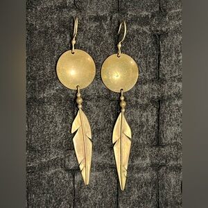 Gold toned Feather Disc Drop Earrings - Women Jewelry